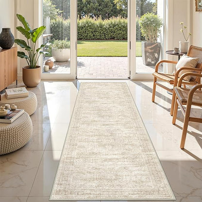 Rug Runners for Hallways Non Slip - 2x8 Runner Rug for Bedroom, Washable Runner with Rubber Backing, Soft Low-Pile Carpet for Kitchen, Laundry, Bathroom (2'x8', Beige/Ivory)