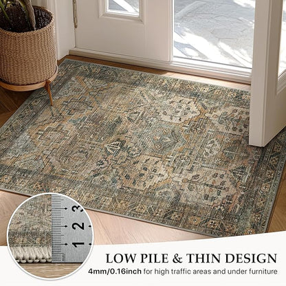 GENIMO 9x12 Area Rugs for Living Room, Machine Washable Non Slip Vintage Rugs, Low Pile Lightweight Chenille Print Rug for Bedroom, Dining Room, Home Office, Warm Taupe