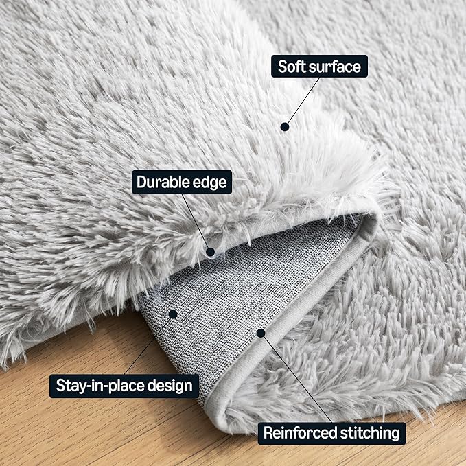 Amazon Basics Fluffy Washable Area Rug, Shaggy Carpet for Living Room, Bedroom, 8' W × 10' L, Gray