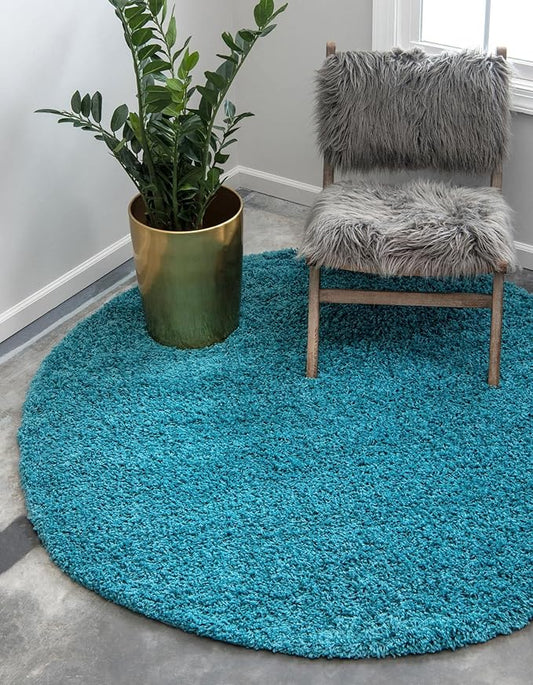 Unique Loom Solid Shag Collection Area Rug (7' 1" Round, Deep Aqua Blue)
