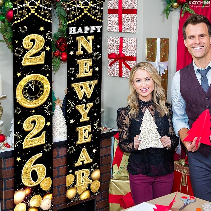 KatchOn XtraLarge 2026 Happy New Year Banner – 72x12 Inch | Black and Gold Happy New Year Door Banner for New Years Decorations 2026 | Porch Banner for New Years Eve Party Supplies 2026 | NYE Decor