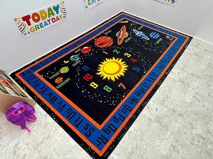Outer Space Nylon Area Rug, 6' x 8'6", Multicolored, Educational Classroom Rug, Kids Learning Play Mat | Area Rug for Bedroom or Playroom