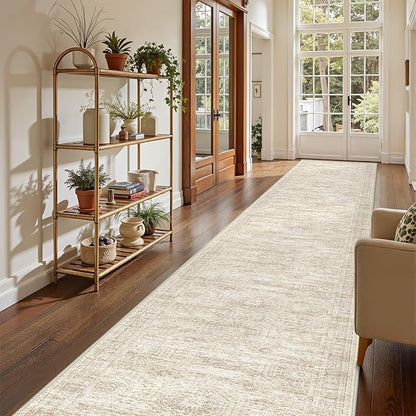 3x20 Washable Runner Rug for Hallway, Non-Slip Long Hallway Runner for Entryway, Soft Vintage Kitchen Mats for Floor, Abstract Dining Room, Bedroom, Living Room Rugs(3'x20', Beige/Ivory)