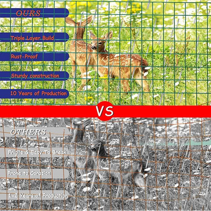 Green Metal Garden Fence, 60inch(H) x 50ft(L), 2 inch x 4 inch,12.5GA 2/3/4/5/6 Ft Tall Chicken Wire PVC Coated Welded Wire Mesh Roll for Dogs Border Yard Vegetable Plant Protection Poultry Netting