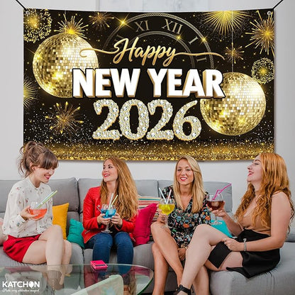 KatchOn, XtraLarge Happy New Year Banner - 72x44 Inch | Gold Happy New Year Backdrop 2026 for New Years Decorations 2026 | NYE Banner for NYE Decorations 2026 | New Years Eve Party Supplies 2026