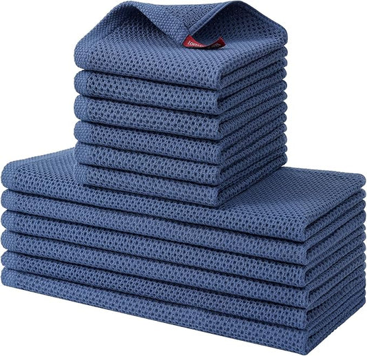 Kitinjoy 100% Cotton Kitchen Towels and Dishcloths Set, 12 Pack Waffle Weave Dish Towels Ultra Soft Absorbent Quick Drying Dish Rags, 13 x 28 Inch and 12 X 12 Inch, Navy Blue