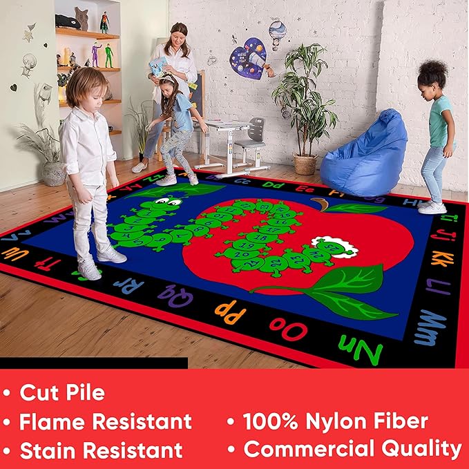 Learn with Inchworm Classroom Rug, 4' x 6', Multicolored, Educational Classroom Rug, Kids Learning Play Mat | Area Rug for Bedroom or Playroom