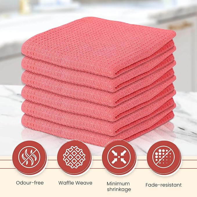 Vintage Vista 100% Cotton Waffle Dish Cloths (Pack of 6) - Dish Rags for Washing Dishes - Reusable & Highly Absorbent Kitchen Towels - Kitchen Rags for Christmas - (12" x 12" - Pink)