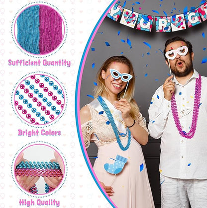 120 PCS Gender Reveal Beads, 33'' Gender Reveal Necklace Decorations, Pink and Blue Round Bead Necklaces Bulk, Creative Gender Reveal Party Supplies Accessories