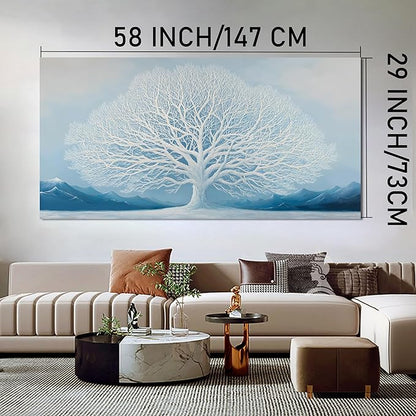 Trogonup White Tree of Life Wall Art for Bedroom Large Blue Landscape Mountain Artwork for Living Room Office Home Kitchen Modern Canvas Prints Ready to Hang 29x58 Inches