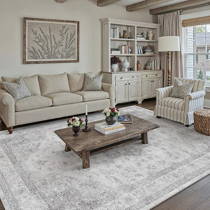 Gray Area Rug 5x8 Washable Living Room Carpet Vintage Non Slip Soft Bedroom Indoor Office Retro Grey Low Pile Thin Oriental Medallion Large Rug for Dining Room Bathroom Kitchen