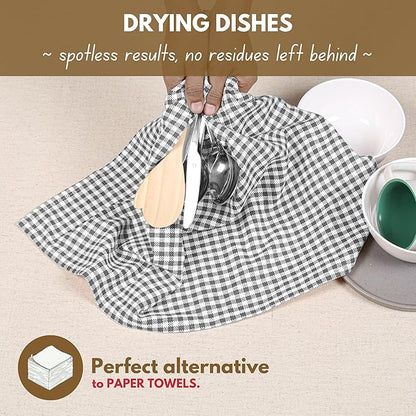 Native Fab Gingham Kitchen Towels 6 Pack, 100% Cotton 16x26 Inch, Absorbent & Washable Tea Towels, Soft Dish Cloths with Hanging Loop for Drying & Cleaning, Grey White