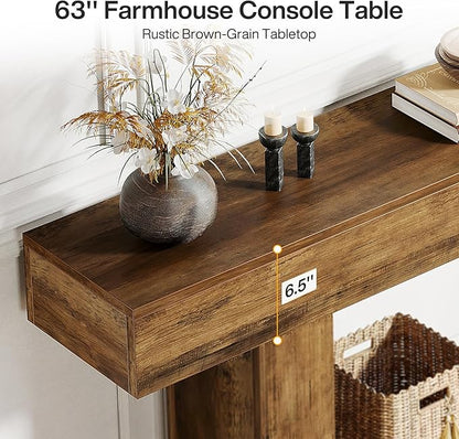 Tribesigns 63" Console Table, Farmhouse 2-Tier Entryway Table with U-Shaped Base, Narrow Long Wood Sofa Table Behind Couch Table for Living Room, Hallway, Foyer, Vintage Brown