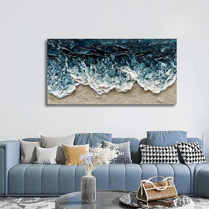 Art Hand-Painted Blue Ocean Beach Landscape Oil Painting Large Abstract Canvas Art Home Wall Decoration 24x48 inches