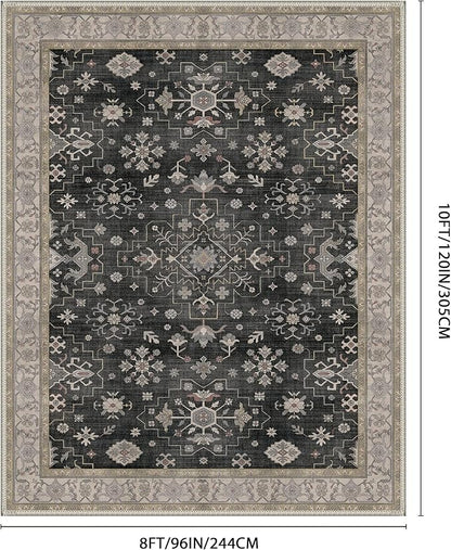GENIMO 8x10 Area Rugs for Living Room,Machine Washable Non-Slip Vintage Rug, Low Pile Lightweight Carpet for Bedroom, Dining Room, Home Office, Stain & Fade Resistant,Black