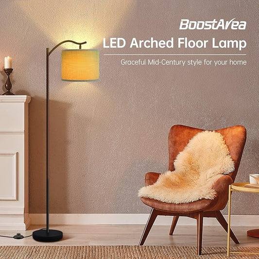 Floor Lamp for Living Room,LED Arched Stand Lamp,Tall Modern Standing Lamp with Linen Shade,E26 Socket, Footswitch, Mid Century Floor Lamps for Bedrooms,Office,Gray Double-Layer lampshade
