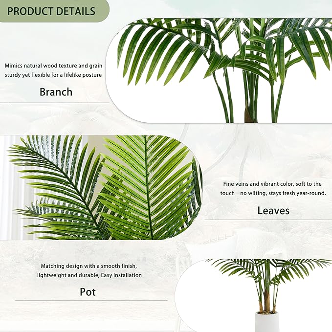 Artificial Palm Tree 4FT Faux Plants Indoor Tropical Fake Palm Tree Areca Floor Plant in White Pot with 13 Trunks & Real Bark Design, Faux Palm Plant for Outdoor Patio Home Room Office Decor