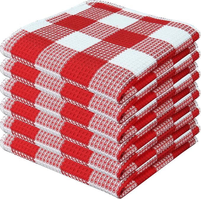 Waffle Weave Plaid Dish Cloths, 100% Cotton - 12 x 12 Inches, Ultra Soft Absorbent Quick Drying Dish Towels Buffalo Check Dish Rags for Kitchen, 6 Pack - Fall Thanksgiving - Red and White