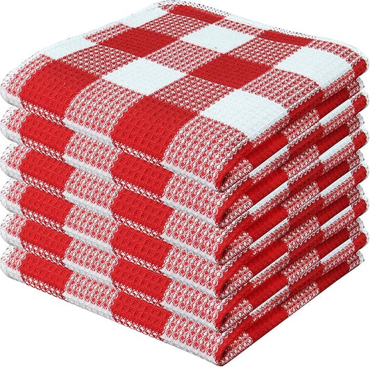 Waffle Weave Plaid Dish Cloths, 100% Cotton - 12 x 12 Inches, Ultra Soft Absorbent Quick Drying Dish Towels Buffalo Check Dish Rags for Kitchen, 6 Pack - Fall Thanksgiving - Red and White