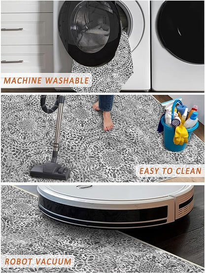 vivorug Grey Runner Rug 2x10 Machine Washable Rug with Non-Slip Backing, Ideal for Kitchen Hallway Entryway Laundry Room - Vintage, Durable, Easy Clean, Low Pile Carpet Runner