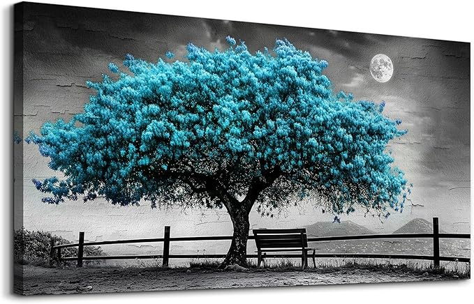 KELIYUAN Blue Tree Of Life Canvas Painting Living Room Office Bedroom Bathroom Wall Decoration Black And White Wall Art Print Modern Natural Tree Art Waterproof Can Be Directly Hung 20x40 In