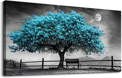 KELIYUAN Wall Art Black White Grey Background Home Decor Blue Tree Of Life Canvas Wall Painting Living Room Decor Office Bedroom Bathroom Corridor Decor Artwork, Can Be Hung Directly 24x48 Inches