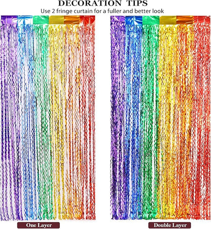 3 Pack Rainbow Foil Curtains - 3.3x6.6ft Metallic Streamers Tinsel Curtains Background for Photo Booth Birthday Weddings Carnivals Graduation