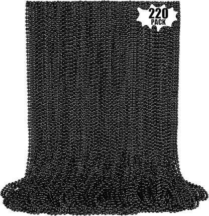 220 PCS Black Bead Necklace, 33 Inch Mardi Gras Christmas Beads, Bulk Metallic Party Beads for Mardi Gras Parade, St Patricks Day, Wedding, Birthday, Pirate Party, Carnival Party Favors