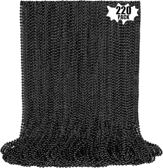 220 PCS Black Bead Necklace, 33 Inch Mardi Gras Christmas Beads, Bulk Metallic Party Beads for Mardi Gras Parade, St Patricks Day, Wedding, Birthday, Pirate Party, Carnival Party Favors