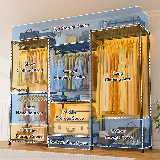 Raybee Clothes Rack Load 900Lbs, Heavy Duty Clothing Rack for Hanging Clothes Freestanding Garment Rack 77" H x 69'' W x 16'' D,Black