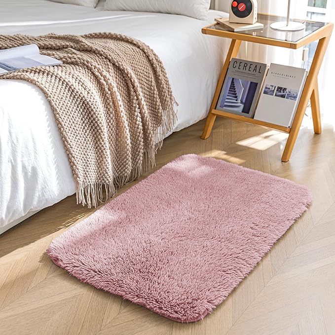 Amazon Basics Fluffy Washable Area Rug, Bedside Shaggy Carpet for Door Entryway, Living Room and Bedroom, 2' W × 3' L, Pink