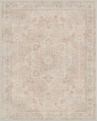GENIMO 8x10 Area Rugs for Living Room, Machine Washable Non Slip Vintage Rugs, Low Pile Lightweight Chenille Print Rug for Bedroom, Dining Room, Home Office, Light Pink