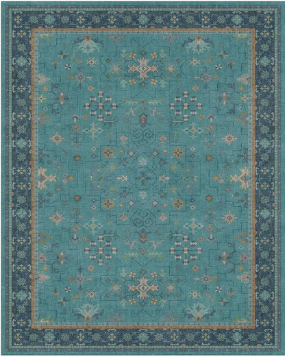 3x4 Teal Rugs for Entryway Indoor - Washable Non Skid Area Rug for Large Kitchen, Bedside, Bathroom, Mudroom, Boho Geometric Floral Design, Non Slip Low Pile Fade Resistant