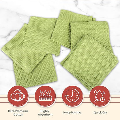 Vintage Vista 100% Cotton Waffle Dish Cloths (Pack of 6) - Dish Rags for Washing Dishes - Reusable & Highly Absorbent Kitchen Towels - Kitchen Rags for Christmas - (12" x 12" - Light Green)