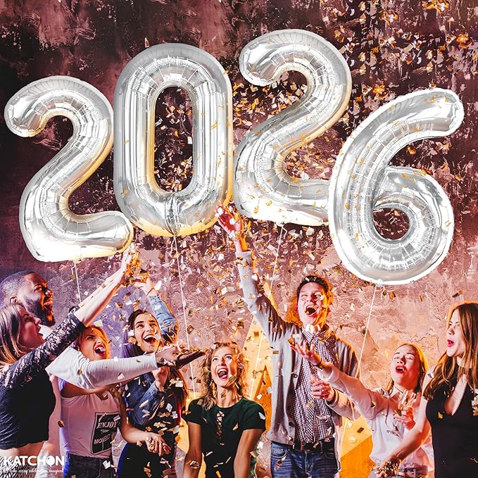 Katchon, Giant Silver 2026 Balloons - 42 Inch | New Year Balloons | 2026 Balloon Numbers | Silver Balloon for New Years Decorations 2026 | NYE Decorations | New Years Eve Party Supplies 2026