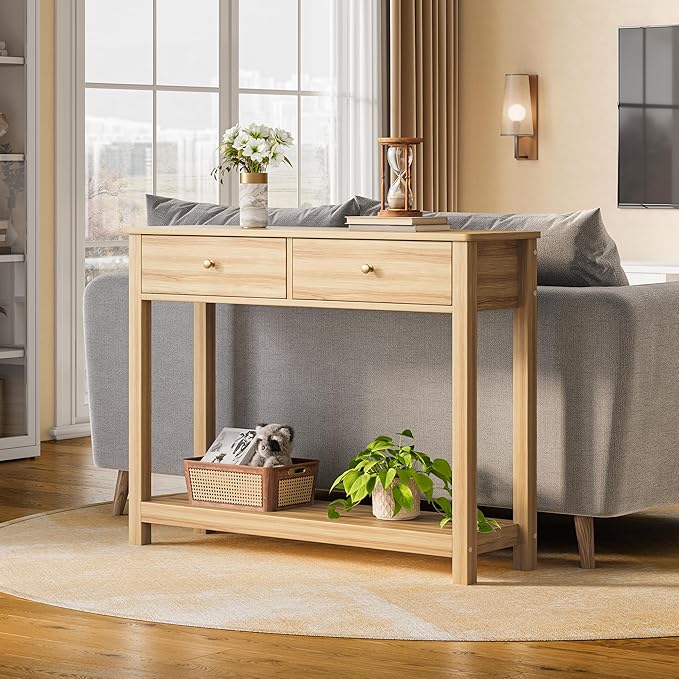 Gizoon 2 Drawer Console Table, 2-Tier Wood Entryway Table with Storage Shelves, 39" W Wood Accent Sofa Table for Front Hall, Hallway, Living Room, Oak Color
