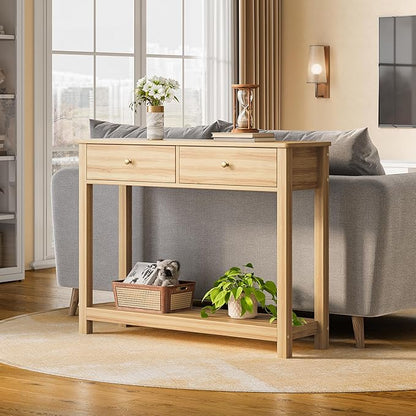 Gizoon 2 Drawer Console Table, 2-Tier Wood Entryway Table with Storage Shelves, 39" W Wood Accent Sofa Table for Front Hall, Hallway, Living Room, Oak Color