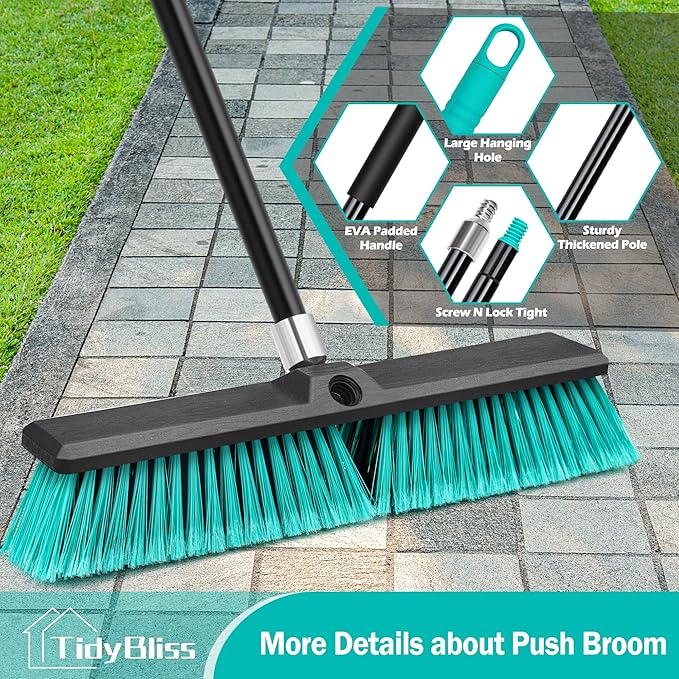 18” Push Broom Outdoor Heavy Duty, Large Commercial Stiff Bristle Brush with 63 inches Long Handle for Garage Shop Garden Yard Patio Deck Street Warehouse Lawn Driveway (Green)