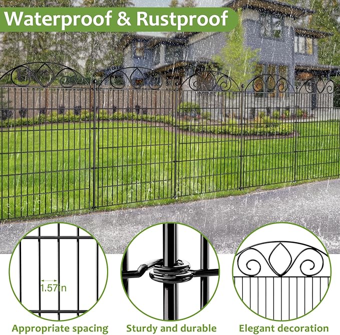 10 Panels No Dig Tall Garden Fence with Gate – 44" H X 23.6' L Rustproof Metal Dog Fence Outdoor for Yard, Decorative Animal Barrier Fence for Pet, Garden Border, Patio, Flower | Temporary Fencing