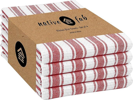 Native Fab 100% Cotton Red Kitchen Towels - 16x26 inches - Set of 4 - Basket Weave Stripe Dish Towels for Cleaning, Drying Dishes, Absorbent Dish Cloths Set with Hanging Loop - Red White