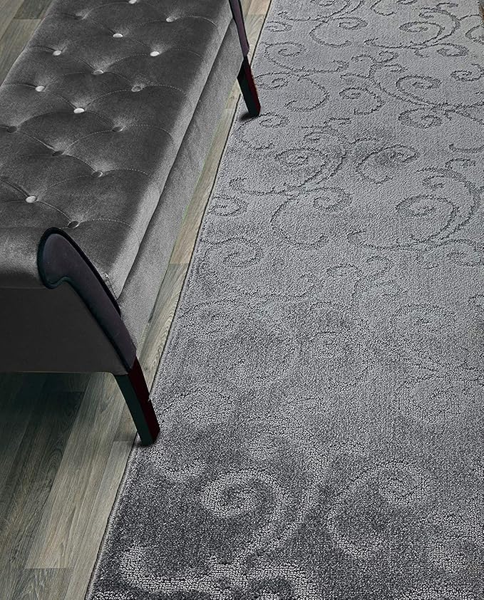 24 FT Long Non Slip Washable Carpet Runner Rug with Rubber Backing, Custom Floor Mat for Kitchen Hallway Stairs Bedroom Bathroom Entry, Scroll Anthracite Grey, Your Choice of Length