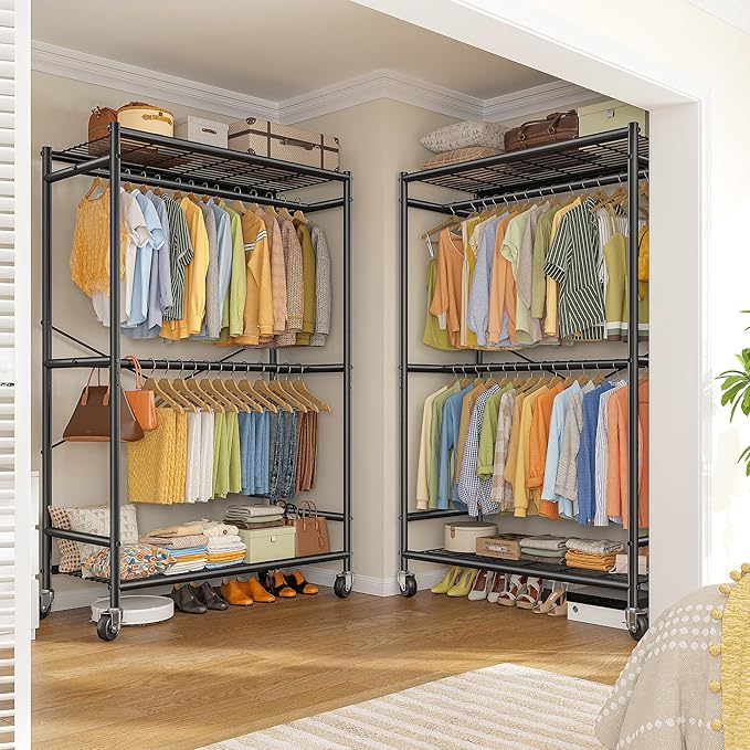Raybee 80.32" H Clothes Rack,Rolling Clothing Racks for Hanging Clothes Heavy Duty Portable Garment Rack with Wheels 35.4" Wx15.75 Dx80.32 H,Black