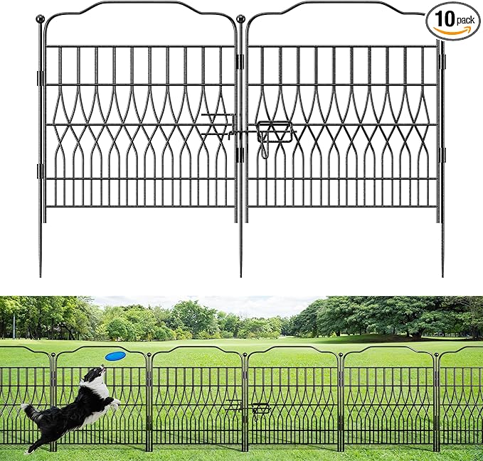 Bepatio 10 Panels Garden Fence Border with Latch, 24in (H) x 20ft (L) Dog Fence Outdoor for Yard, Arc Metal Fencing Panels, Durable Animal Barrier Fencing for Outdoor, Patio, Flower Bed