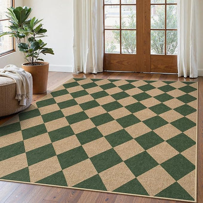 Lahome Checkered Outdoor Rug 5x7, Washable Rug for Living Room Office Indoor Outdoor Carpet, Farmhouse Non Slip Non Shedding Green Carpet for Dining Room Sunroom Patio Courtyard