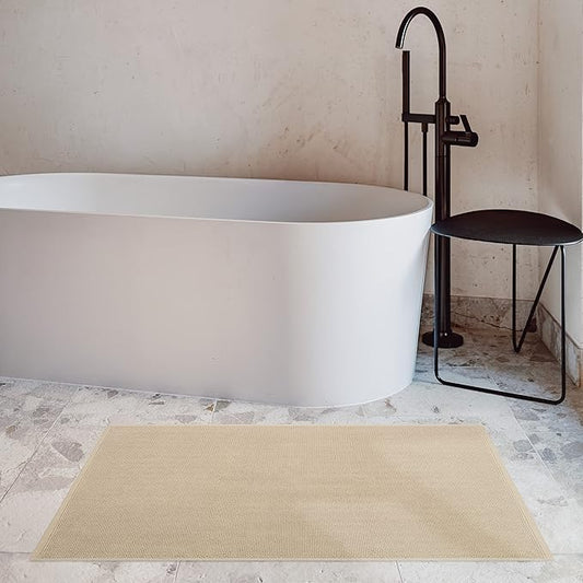 Cotton Paradise 100% Cotton Non Slip Bath Mats for Bathroom, 20x34 inch Soft Absorbent Quick Dry Machine Washable Floor Bath Mat, Beige Bath Rug