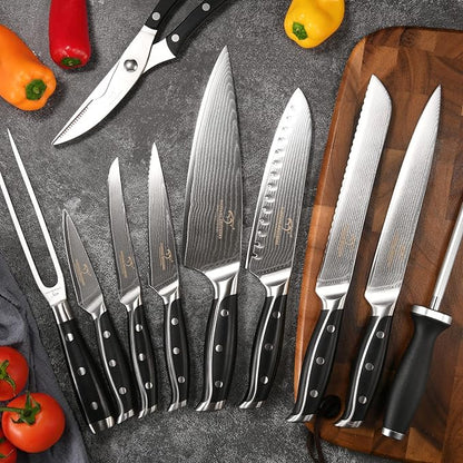 16-Piece Damascus Knife Set with Block - VG10 67-Layer Steel, Razor Sharp, Triple-Rivet Handles, 6 Steak Knives, Meat Fork, Sharpener & Scissors, Gray
