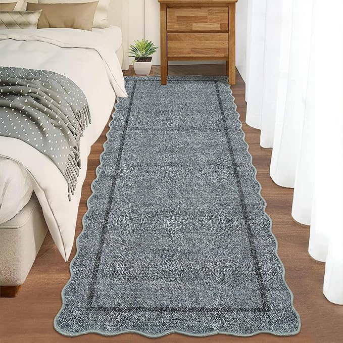 GarveeHome Scalloped Washable Runner Rugs 2x6 Rug Runner Modern Non Slip Kitchen Rugs Indoor Entryway Rug Farmhouse Soft Bath Mat Stain Resistant Carpet for Bedroom Hallway Laundry 2 ft x6 ft Grey