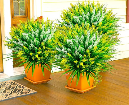 Artificial Plants Outdoor, 20 Pcs Fake Flowers UV Resistant Outdoor Fake Plants, Lavender Artificial Flowers Plastic Fake Faux Flowers Shrubs for Home Porch Garden Yard Window Box (Yellow White)