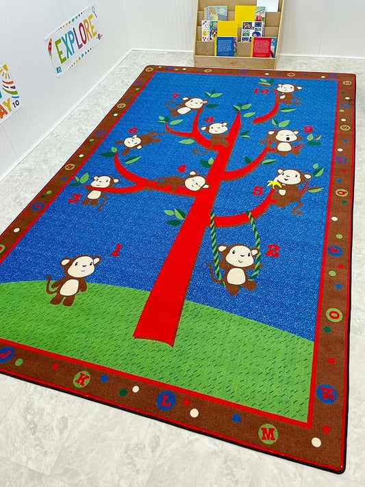 Ten Little Monkeys Classroom Rug, 7'6" x 12', Multicolored, Educational Classroom Rug, Kids Learning Play Mat | Area Rug for Bedroom or Playroom