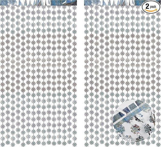 BRAVESHINE Silver Party Snowflake Backdrop - 2 Pack Hanging Foil Fringe Snow Flakes Party Streamers Curtain for Christmas Winter-themed Frozen Birthday Bridal Shower Holiday New Year Party Decorations
